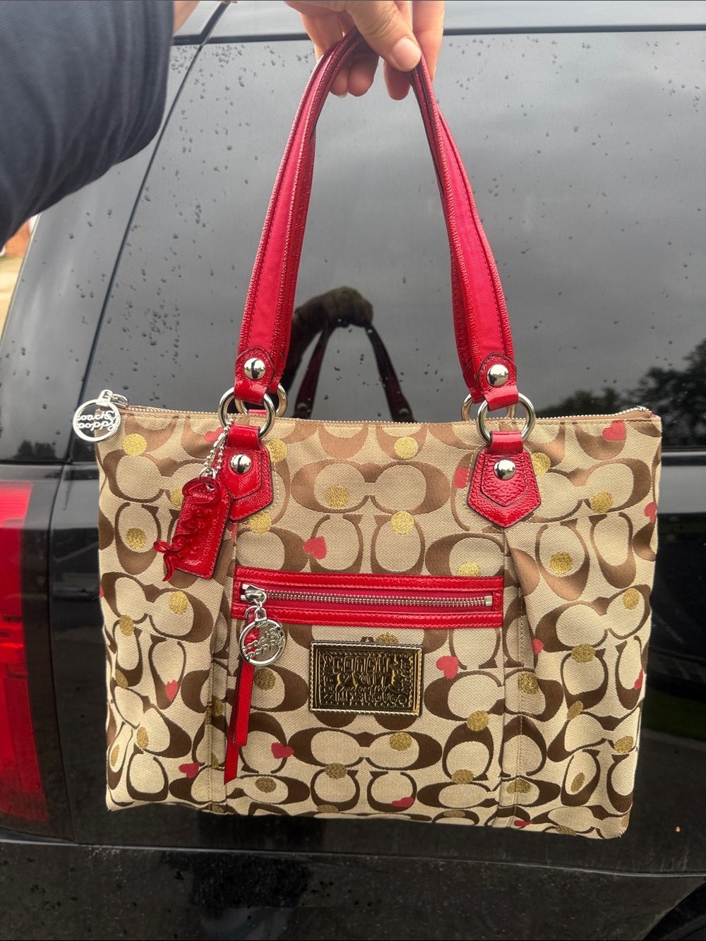 🌺❤️Coach Poppy Glam Tote 16289 Hearts Gold Dot Signature Canvas Red Leather Y2K🤎 - Picture 5 of 15